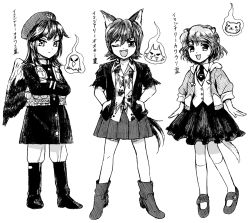 Rule 34 | 3girls, animal ears, bird wings, boots, crossed arms, eagle spirit (touhou), fangs, greyscale, hat, highres, houzuki (hotondo), humanization, jacket, mary janes, military hat, monochrome, multiple girls, necktie, otter ears, otter spirit (touhou), pants, paw print, shoes, smug, touhou, translation request, wily beast and weakest creature, wings, wolf ears, wolf spirit (touhou)