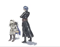 Rule 34 | 1boy, 1girl, armor, black gloves, black hairband, boots, byleth (fire emblem), byleth (male) (fire emblem), cape, chair, corrin (female) (fire emblem), corrin (fire emblem), fire emblem, fire emblem: three houses, fire emblem fates, gloves, hairband, highres, long hair, multiple girls, nintendo, pants, pointy ears, simple background, sitting, standing, white background, white hair, yourfreakyneighbourh