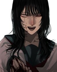 Rule 34 | 1girl, black hair, blood, blood on face, blue sailor collar, blurry, braces, collarbone, commentary, depth of field, grey eyes, hashtag-only commentary, highres, hoshi san 3, long hair, long sleeves, looking at viewer, neckerchief, one eye closed, open mouth, original, pov stabbing, red neckerchief, sailor collar, school uniform, serafuku, shirt, simple background, solo, teeth, upper body, white background, white shirt