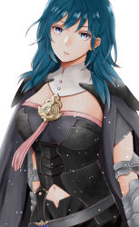 Rule 34 | 1girl, aplche, armor, armored dress, blue eyes, blue hair, breasts, byleth (female) (fire emblem), byleth (fire emblem), cape, cleavage, cowboy shot, detached collar, expressionless, fire emblem, fire emblem: three houses, gauntlets, lips, looking at viewer, medium breasts, medium hair, midriff, navel, nintendo, simple background, solo, white background