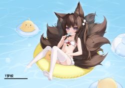 Rule 34 | 1girl, afloat, alternate costume, amagi-chan (azur lane), animal ears, ass, azur lane, bare shoulders, bell, bikini, bikini top only, bird, blunt bangs, brown hair, chick, collarbone, commentary request, eating, eyeshadow, food, food in mouth, fox ears, fox girl, fox tail, hair ornament, highres, holding, in water, innertube, jawr8473, kitsune, kyuubi, long hair, looking at viewer, makeup, manjuu (azur lane), multiple tails, navel, no shoes, ocean, pleated skirt, popsicle, purple eyes, sidelocks, skirt, soles, stomach, swim ring, swimsuit, tail, thick eyebrows, thighhighs, toes, twintails, white thighhighs