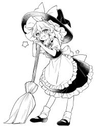 Rule 34 | 1girl, apron, blush, bow, braid, broom, frilled apron, frilled skirt, frills, full body, greyscale, grin, hair between eyes, hat, hat bow, highres, jill 07km, kirisame marisa, long hair, monochrome, protected link, shirt, shoes, short sleeves, simple background, single braid, skirt, smile, socks, solo, star (symbol), touhou, vest, waist apron, white background, witch hat