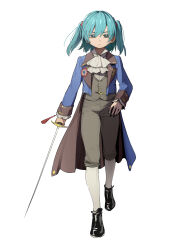Rule 34 | 1girl, absurdres, ascot, black footwear, black pants, black vest, blue coat, blue eyes, blue hair, closed mouth, coat, flat chest, highres, holding, holding sword, holding weapon, kawashiro nitori, long sleeves, medium hair, pants, simple background, solo, sword, touhou, two side up, vest, weapon, white ascot, white background, yazato ichimushi