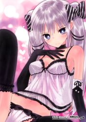 Rule 34 | 1girl, absurdres, bare shoulders, black gloves, black thighhighs, blue eyes, bow, camisole, choker, elbow gloves, female focus, gloves, hair bow, hand on own chest, highres, lingerie, long hair, looking at viewer, original, panties, polka dot, polka dot panties, purple hair, solo, thighhighs, tsukigami runa, twintails, underwear