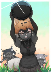 Rule 34 | &gt; &lt;, 3girls, :3, = =, > <, animal ears, arms up, black hair, border, brown hair, closed eyes, dirty, dirty clothes, dirty face, dog (mixed breed) (kemono friends), dog (shiba inu) (kemono friends), dog ears, dog girl, dog tail, elbow gloves, facing viewer, frisbee, furrowed brow, gloves, grey hair, harness, highres, holding, jacket, john (a2556349), kemono friends, medium hair, mud, multicolored hair, multiple girls, necktie, open mouth, outdoors, shirt, short sleeves, siberian husky (kemono friends), smile, sweater vest, tail, tongue, tongue out, white hair, x3