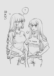 Rule 34 | 2girls, braid, braided ponytail, breasts, clothes writing, clueless, cup, denim, drinking glass, eyepatch, german text, girls&#039; frontline, greyscale, hk416 (girls&#039; frontline), jeans, large breasts, long hair, long sleeves, m16a1 (girls&#039; frontline), monochrome, multiple girls, pants, scar, scar across eye, scar on face, shirt, shittotyu, t-shirt, translated