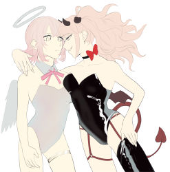 Rule 34 | 2girls, absurdres, angel and devil, angel wings, arm around neck, bare shoulders, baru (bar 0405), bear hair ornament, black choker, black legwear, black leotard, blonde hair, bow, breasts, brown eyes, choker, collarbone, commentary request, contrapposto, danganronpa: trigger happy havoc, danganronpa (series), danganronpa 2: goodbye despair, demon girl, demon horns, demon tail, detached collar, enoshima junko, grey background, hair ornament, halo, highres, horns, large breasts, leotard, long hair, looking at another, medium breasts, multiple girls, nanami chiaki, neck ribbon, nontraditional playboy bunny, pale skin, pink hair, pink leotard, pink ribbon, playboy bunny, red bow, ribbon, shiny clothes, short hair, single thighhigh, standing, strapless, strapless leotard, tail, thigh strap, thighhighs, wings