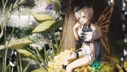 Rule 34 | 1boy, absurdres, blonde hair, blue butterfly, blue eyes, blush, bug, butterfly, fairy, fairy wings, flower, full body, grey butterfly, hat, highres, insect, kkopoli, leaf, male focus, open mouth, original, short hair, sitting, smile, solo, water drop, wings