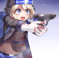 Rule 34 | 1girl, backpack, bag, belt, blonde hair, blood, blood on clothes, blood on face, blue eyes, coat, commentary request, crying, crying with eyes open, finger on trigger, gradient background, gun, hair between eyes, handgun, helmet, holding, holding gun, holding weapon, long coat, long sleeves, neit ni sei, open mouth, original, pistol, scared, solo, tactical clothes, tears, upper body, weapon