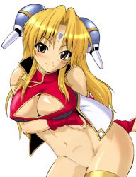 Rule 34 | 00s, 1girl, ass, blonde hair, blush, breast hold, breasts, bridal gauntlets, broccoli, china dress, chinese clothes, cleavage cutout, clothes lift, clothing cutout, dress, dress lift, facial mark, forehead mark, galaxy angel, large breasts, looking at viewer, midriff, nipple slip, nipples, no bra, no panties, ranpha franboise, simple background, sleeveless, solo, third-party edit, yellow eyes