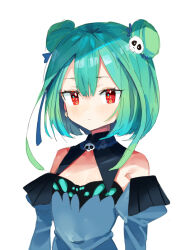 Rule 34 | 1girl, aqua hair, bare shoulders, blue dress, blue ribbon, blue sleeves, blush, breasts, closed mouth, detached sleeves, double bun, dress, gradient hair, green hair, hair bun, hair ornament, hair ribbon, hololive, looking at viewer, multicolored hair, pinch (nesume), red eyes, ribbon, short hair, simple background, skull hair ornament, small breasts, solo, upper body, uruha rushia, uruha rushia (1st costume), virtual youtuber, white background
