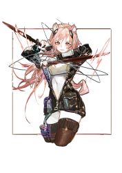 Rule 34 | 1girl, absurdres, animal ear fluff, animal ears, arknights, armor, arms up, black jacket, breastplate, brown thighhighs, commentary request, facing viewer, framed, gravel (arknights), hair between eyes, highres, holding, holding weapon, jacket, long hair, long sleeves, looking at viewer, navel, open clothes, open mouth, outside border, pink hair, pipidan, pocket, red eyes, simple background, smile, solo, stomach, sword, thighhighs, upper body, weapon, white background, zipper, zipper pull tab