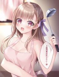 Rule 34 | 1girl, :d, apron, bare arms, bare shoulders, blurry, blurry background, bow, breasts, brown hair, cleavage, collarbone, commentary request, depth of field, hair bow, hand up, highres, holding, indoors, kohinata hoshimi, ladle, long hair, looking at viewer, medium breasts, naked apron, open mouth, original, pink apron, purple bow, red eyes, smile, solo, translation request