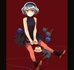Rule 34 | 1girl, :q, bad id, bad pixiv id, bare shoulders, cake, cat, cherry, dress, food, fork, fruit, green eyes, hairband, holding, holding fork, holding knife, knife, looking at viewer, original, pantyhose, pillarboxed, shiina aya, short hair, silver hair, sleeveless, sleeveless dress, solo, string, tongue, tongue out, turtleneck