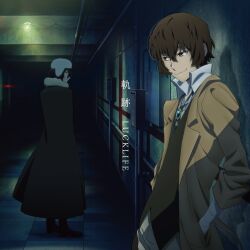 Rule 34 | 2boys, album cover, bandaged arm, bandages, black cloak, black footwear, black hair, black vest, brooch, brown coat, brown eyes, bungou stray dogs, cloak, closed mouth, coat, collared shirt, cover, cowboy shot, dazai osamu (bungou stray dogs), full body, fur hat, fyodor dostoyevsky (bungou stray dogs), hands in pockets, hat, highres, indoors, jewelry, long coat, male focus, multiple boys, official art, profile, red eyes, shirt, shoes, short hair, standing, vest, white headwear, white shirt