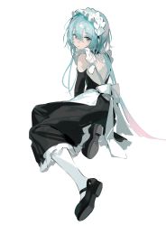 Rule 34 | 1boy, alternate costume, apron, arknights, bare shoulders, black dress, blue hair, brown eyes, closed mouth, crossdressing, detached sleeves, dress, enmaided, from behind, full body, gradient background, hair between eyes, highres, long hair, long sleeves, looking at another, looking at viewer, looking back, maid, maid headdress, male focus, mary janes, mizuki (arknights), pantyhose, pink hair, shoes, simple background, sitting, solo, very long hair, waist apron, white apron, white background, white pantyhose