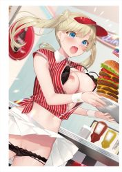 Rule 34 | 1girl, absurdres, bekotarou, black bra, black panties, blush, border, bra, breasts, breasts out, burger, cheese, fang, fast food, fingernails, food, groin, hat, highres, holding, holding tray, indoors, ketchup bottle, lace, lace-trimmed bra, lace-trimmed panties, lace trim, large breasts, lettuce, long hair, miniskirt, mustard bottle, nail polish, navel, nipples, open clothes, open mouth, open shirt, original, panties, pink nails, pleated skirt, red hat, red shirt, shirt, short sleeves, sidelocks, skin fang, skirt, solo, striped clothes, striped shirt, table, tray, twintails, unbuttoned, unbuttoned shirt, underwear, vertical-striped clothes, vertical-striped shirt, visor cap, white border, white skirt, wing collar