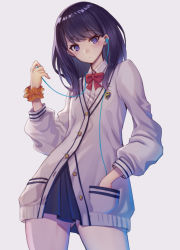 Rule 34 | 10s, 1girl, black hair, black skirt, blue eyes, blush, bow, bowtie, cardigan, closed mouth, earbuds, earphones, from below, gluteal fold, grey background, gridman universe, hand in pocket, highres, long hair, long sleeves, looking at viewer, looking down, orange scrunchie, oukawa yuu, pleated skirt, red bow, school uniform, scrunchie, shirt, simple background, skirt, solo, ssss.gridman, standing, takarada rikka, white cardigan, white shirt, wrist scrunchie
