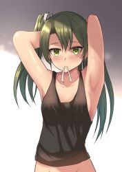 Rule 34 | 10s, 1girl, adjusting hair, alternate costume, armpits, arms behind head, black shirt, blouse, blush, bottomless, casual, collarbone, commentary request, covered mouth, gradient background, green eyes, green hair, groin, hair ribbon, highres, kantai collection, long hair, looking at viewer, no panties, ohiya, out-of-frame censoring, ribbon, shirt, simple background, singlet, sleeveless, sleeveless shirt, solo, zuikaku (kancolle)