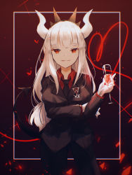 Rule 34 | 1girl, black jacket, black necktie, black pants, blush, breasts, commentary, cup, demon girl, demon horns, demon tail, drinking glass, formal, gloves, heart, helltaker, highres, holding, holding cup, horns, jacket, large breasts, long hair, looking at viewer, lucifer (helltaker), miyu (miy u1308), mole, mole under eye, necktie, pants, red background, red eyes, red shirt, shirt, smile, solo, tail, white hair, white horns, wine glass