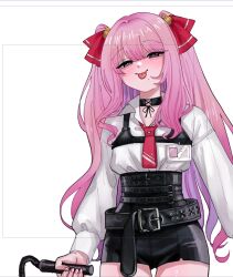Rule 34 | 1girl, belt, black shorts, blush, collared shirt, flat chest, goddess of victory: nikke, hair ribbon, holding, holding whip, id card, long hair, looking at viewer, mole, mole under mouth, mozo (mmm), necktie, pink hair, pink ribbon, purple eyes, red necktie, ribbon, shirt, shirt tucked in, shorts, solo, tongue, tongue out, twintails, whip, white shirt, yuni (nikke)