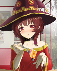 Rule 34 | 1girl, absurdres, artist name, bandages, bare shoulders, blush, brown hair, cake, collarbone, commentary request, dated, dress, flat chest, food, fork, gloves, hat, highres, holding, holding fork, indoors, kono subarashii sekai ni shukufuku wo!, looking at viewer, megumin, recursion, red dress, red eyes, shinalpha, smile, solo, thighhighs, witch hat