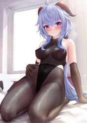 Rule 34 | 1girl, ahoge, bae.c, blue hair, blush, breasts, brown gloves, brown pantyhose, closed mouth, covered erect nipples, covered navel, elbow gloves, full body, ganyu (genshin impact), genshin impact, gloves, hair between eyes, highleg, highleg leotard, highres, horns, indoors, leotard, long hair, looking at viewer, medium breasts, no shoes, on bed, pantyhose, purple eyes, seiza, sitting, solo, steam, thighband pantyhose, very long hair, window