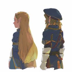 Rule 34 | 1boy, 1girl, cropped torso, earrings, from behind, gloves, jewelry, link, lip (lih8), long hair, nintendo, pointy ears, princess zelda, short ponytail, the legend of zelda, the legend of zelda: breath of the wild, very long hair, white background, white gloves
