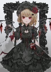 Rule 34 | 1girl, absurdres, alternate costume, black dress, black hat, blonde hair, blood, blood bag, daimaou ruaeru, dress, flandre scarlet, flower, gothic lolita, hat, highres, lolita fashion, looking at viewer, picture frame, red eyes, red flower, red wings, short hair, solo, touhou, white background, wings