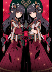 Rule 34 | 2girls, black gloves, black hair, blunt bangs, fewer digits, flat color, gloves, hair ornament, highres, hinoa, holding hands, japanese clothes, keijou (cave), long hair, looking at viewer, minoto, monster hunter (series), monster hunter rise, multiple girls, pointy ears, siblings, sidelocks, sisters, smile, twins, yellow eyes
