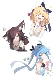 Rule 34 | 3girls, :d, ^ ^, absurdres, ahoge, animal ear fluff, animal ears, bare shoulders, black bow, black ribbon, blonde hair, blue hair, bow, braid, breasts, brown hair, cleavage, closed eyes, closed mouth, collarbone, cropped torso, dress, elbow gloves, floating hair, gloves, green eyes, hair bow, hair over one eye, hair ribbon, hairband, heart, heart necklace, highres, jewelry, long hair, mishuo (misuo69421), multiple girls, necklace, open mouth, original, purple bow, ribbon, simple background, single braid, sleeveless, sleeveless dress, small breasts, smile, squiggle, strap slip, upper body, very long hair, w, white background, white dress, white gloves, white hairband, yellow eyes