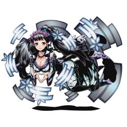 Rule 34 | 10s, 1girl, blue nails, breasts, choker, cleavage, collarbone, divine gate, dress, floating hair, full body, grey hair, hair ornament, heart, heart hands, high heels, large breasts, long hair, nail polish, official art, purple eyes, smile, solo, transparent background, ucmm, very long hair