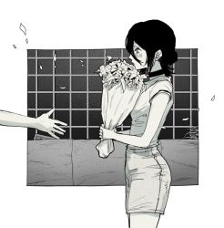 Rule 34 | 1girl, ass, black choker, black hair, bouquet, breasts, chainsaw man, champi, choker, collared shirt, disembodied hand, flower, greyscale, hair between eyes, hair bun, highres, holding, holding bouquet, looking at another, looking to the side, medium breasts, medium hair, monochrome, out of frame, reaching, reaching towards viewer, reze (chainsaw man), shirt, shorts, simple background, single hair bun, solo focus, white background, white shirt