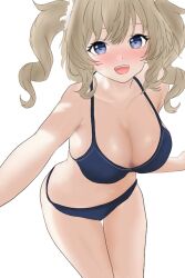 Rule 34 | 1girl, :d, barbara (genshin impact), bare arms, bare shoulders, bikini, blonde hair, blue bikini, blue eyes, blush, breasts, cleavage, commentary, cowboy shot, genshin impact, hyunta, large breasts, long hair, looking at viewer, navel, nose blush, open mouth, simple background, smile, solo, standing, stomach, swimsuit, thighs, twintails, white background