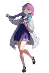 Rule 34 | 1girl, absurdres, black footwear, blue bow, blue bowtie, blue hair, blue nails, blue sailor collar, blunt bangs, blush, bow, bowtie, braid, breasts, chris preston, coat, colored inner hair, dated, french braid, full body, grin, high-waist skirt, highres, holding, holding own hair, hololive, long hair, long sleeves, looking at viewer, medium breasts, minato aqua, minato aqua (sailor), miniskirt, multicolored hair, open clothes, open coat, pleated skirt, purple eyes, purple skirt, sailor collar, school uniform, shirt, simple background, skirt, smile, solo, standing, standing on one leg, streaked hair, twin braids, two-tone hair, virtual youtuber, white background, white coat, white shirt