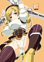 Rule 34 | 10s, 1girl, 2012, arms up, blonde hair, blush, boots, bouncing breasts, breasts, covered erect nipples, drill hair, elbow gloves, gloves, gun, hair ornament, impossible clothes, impossible shirt, large breasts, leg up, legs, looking at viewer, magical girl, magical musket, mahou shoujo madoka magica, mahou shoujo madoka magica (anime), miniskirt, naughty face, panties, pantyshot, shinama, shirt, side-tie panties, simple background, skirt, smile, solo, striped clothes, striped thighhighs, thick thighs, thighhighs, thighs, tomoe mami, twin drills, twintails, underwear, upskirt, vertical-striped clothes, vertical-striped thighhighs, weapon, white panties, yellow eyes