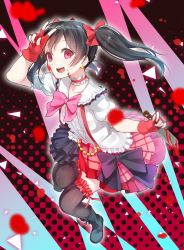 Rule 34 | 10s, 1girl, :d, black bow, black footwear, black hair, black skirt, black thighhighs, blood, blood on face, blood stain, bloody weapon, blush, bokura wa ima no naka de, boots, bow, bowtie, collar, earrings, empty eyes, fingerless gloves, frilled collar, frilled shirt collar, frills, full body, gloves, hair bow, highres, idol, jewelry, knife, layered skirt, looking at viewer, love live!, love live! school idol project, multicolored clothes, multicolored skirt, ninnzinn, open mouth, pink bow, pink bowtie, puffy short sleeves, puffy sleeves, red bow, red eyes, red gloves, red skirt, short sleeves, skirt, smile, solo, thighhighs, twintails, v, weapon, yandere, yazawa nico