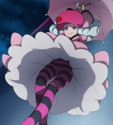 Rule 34 | 10s, 1girl, blue eyes, blue hair, happinesscharge precure!, haruyama kazunori, hat, hosshiwa, long hair, matching hair/eyes, pantyhose, pink hat, precure, ringlets, smile, solo, striped clothes, striped pantyhose, umbrella