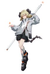 Rule 34 | + +, 11173, 1girl, absurdres, arknights, black shirt, black shorts, brown hair, closed mouth, fire, fire, frown, full body, grey jacket, grey socks, high tops, highres, hood, hooded jacket, horns, ifrit (arknights), jacket, kneehighs, long sleeves, orange eyes, shirt, shoes, short hair, short twintails, shorts, simple background, sneakers, socks, solo, tail, twintails, v-shaped eyebrows, white background