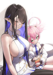 Rule 34 | 2girls, :t, absurdres, ahoge, bare arms, bare shoulders, black legwear, blue archive, blue necktie, blush, breasts, brown hair, cleavage, collared dress, colored inner hair, commentary, dong ji, dress, earrings, eating, closed eyes, food, food on face, glasses, green eyes, halter dress, halterneck, highres, holding, holding food, jacket, jewelry, large breasts, long hair, long sleeves, looking at another, momoka (blue archive), multicolored hair, multiple girls, necktie, pantyhose, parted lips, pink hair, pointy ears, puffy long sleeves, puffy sleeves, purple hair, rin (blue archive), sideboob, sitting, sleeping, very long hair, white dress, white jacket