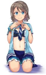 Rule 34 | &gt;:), 1girl, adjusting clothes, adjusting necktie, adjusting neckwear, blue bra, blue eyes, blue necktie, blue scrunchie, blue skirt, bra, bracelet, commentary request, earrings, flower, glint, grey hair, hair flower, hair ornament, highres, jewelry, looking at viewer, love live!, love live! sunshine!!, nanotsuki, navel, necktie, open clothes, open shirt, scrunchie, seiza, short hair, short sleeves, single earring, sitting, skirt, solo, stomach, striped necktie, striped neckwear, underwear, watanabe you, white background, wrist scrunchie