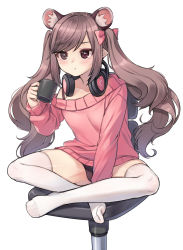 Rule 34 | 1girl, animal ears, between legs, black panties, brown eyes, brown hair, chair, cup, feet on chair, hair ribbon, hand between legs, headphones, holding, holding cup, indian style, long hair, mouse ears, no pants, off-shoulder sweater, off shoulder, office chair, original, panties, pink sweater, pointy ears, ribbed sweater, ribbon, sitting, skindentation, solo, sweater, swivel chair, tama (tamatamo), thighhighs, twintails, underwear, virtual youtuber, white background, white thighhighs