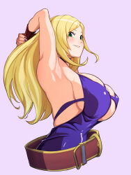 Rule 34 | 1girl, armpits, arms behind head, arms up, belt, blonde hair, breasts, bursting breasts, cleavage, fatal fury, garou: mark of the wolves, highres, jenet behrn, large breasts, smile, the king of fighters, the king of fighters xv