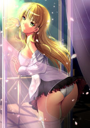 Rule 34 | 1girl, absurdres, against glass, ass, bad id, bad pixiv id, blonde hair, bra, character request, curtains, dress shirt, du zhi feng, falling petals, green eyes, highres, long hair, looking at viewer, looking back, microskirt, miniskirt, off shoulder, open clothes, open shirt, panties, pantyshot, petals, petticoat, pleated skirt, shirt, skindentation, skirt, smile, solo, soyokaze, standing, thighhighs, underwear, upskirt, white bra, white panties, white shirt, white thighhighs, window, zettai ryouiki