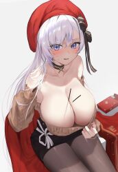 Rule 34 | 1girl, azur lane, belfast (azur lane), belfast (shopping with the head maid) (azur lane), beret, between breasts, blue eyes, breasts, cleavage, clothes pull, food, hat, highres, huge breasts, large breasts, long hair, looking at viewer, nail polish, open mouth, pantyhose, pocky, renge (730), shirt pull, sitting, skirt, solo, sweater, tagme, white hair