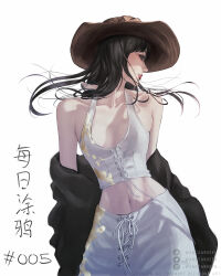 Rule 34 | 1girl, artist name, bare shoulders, black hair, breasts, character request, check character, check copyright, closed mouth, collarbone, copyright request, english text, hat, highres, long hair, midriff, navel, nico robin, off shoulder, one piece, photo-referenced, portrait, red lips, simple background, small breasts, solo, wandzardeen, white background