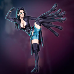 Rule 34 | 1girl, black hair, blue eyes, boots, breasts, female focus, fighting, fighting stance, glasses, gloves, hana hana no mi, highres, jacket, large breasts, long hair, muscular legs, nico robin, one piece, shorts, solo, sunglasses, sunglasses on head