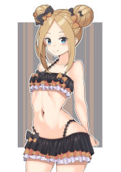 Rule 34 | 1girl, abigail williams (emerald float) (fate), abigail williams (fate), bare shoulders, bikini, black bikini, black bow, blonde hair, blue eyes, blush, bow, breasts, closed mouth, collarbone, double bun, emerald float, fate/grand order, fate (series), forehead, frilled bikini, frills, hair bow, hair bun, highres, kusunoki toona, long hair, looking at viewer, multiple hair bows, navel, official alternate costume, orange bow, parted bangs, polka dot, polka dot bow, small breasts, smile, swimsuit, thighs