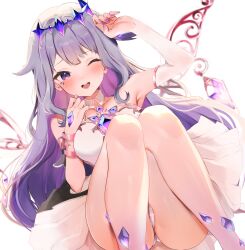 Rule 34 | 1girl, arm up, blush, breasts, chest jewel, colored inner hair, commission, crown, detached collar, detached sleeves, detached wings, double-parted bangs, dress, feet out of frame, gem, grey hair, hair flaps, hand jewel, highres, hololive, hololive english, jewel under eye, knees up, koseki bijou, koseki bijou (1st costume), legs, long hair, looking at viewer, lying, maru ccy, medium breasts, multicolored hair, nail polish, on back, one eye closed, open mouth, paid reward available, panties, pantyshot, pixiv commission, purple eyes, purple gemstone, purple hair, purple nails, simple background, single detached sleeve, smile, solo, strapless, strapless dress, striped clothes, striped panties, teeth, thighs, underwear, upper teeth only, very long hair, virtual youtuber, white background, white dress, wings