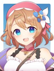 Rule 34 | 1girl, :d, atelier (series), atelier resleriana, bare shoulders, belt, belt buckle, blonde hair, blue background, blue eyes, brown belt, buckle, choker, dress, frilled dress, frills, hair between eyes, hair ornament, hairclip, hat, highres, jewelry, kinakonato, looking at viewer, open mouth, pink choker, pink hat, resna sternenlicht, simple background, smile, solo, star (symbol), star choker, two-tone background, upper body, white background, white dress
